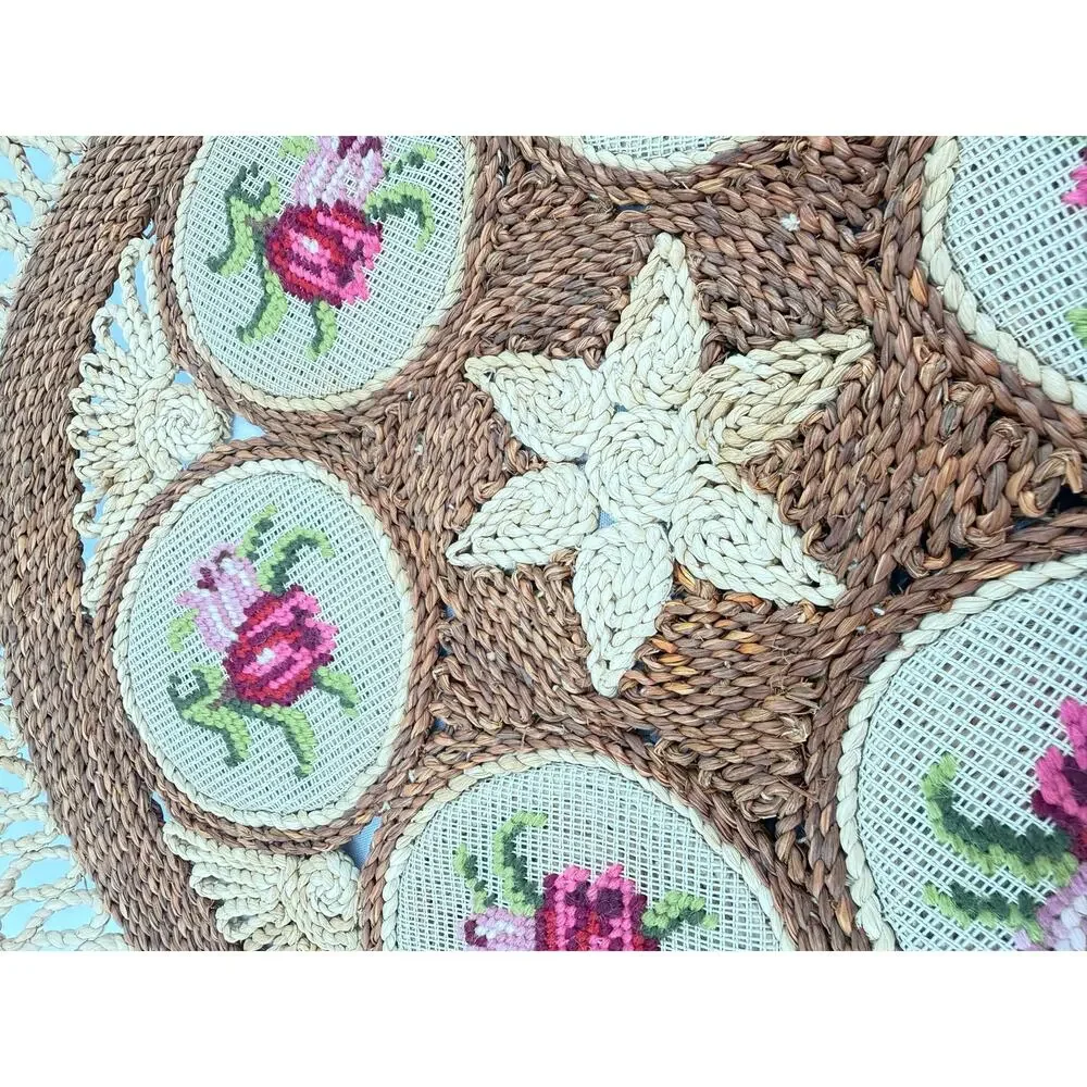 Vintage Rose Needlepoint Woven Round Placemat Natural Fiber Cottage Farmhouse